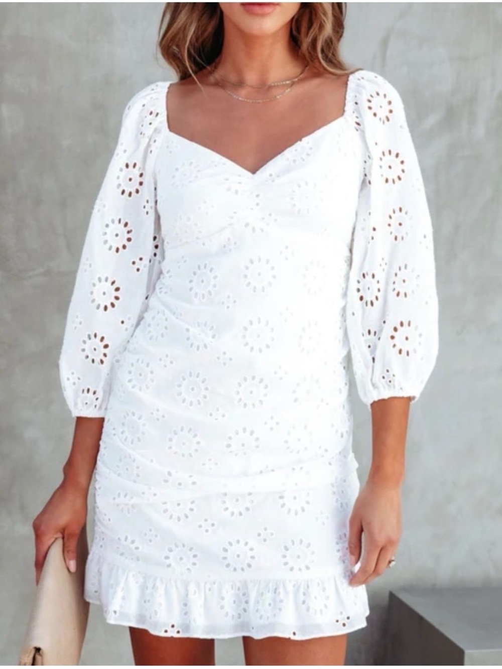 Vici White Eyelet Puff-Sleeve Mini Dress